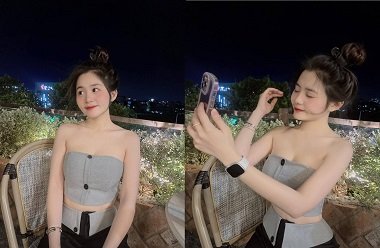 Bich Phuong tira uma selfie, raspou a água